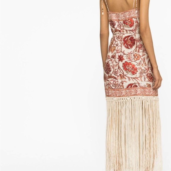 Zimmermann Vitali Sepia Floral Print Tie Waist Fringe Linen Dress - Size 3 - Picture 6 of 8